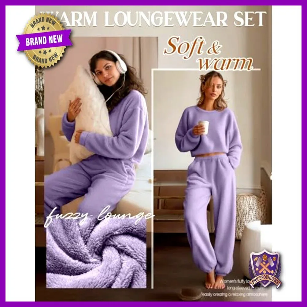 Women's Fuzzy Pajama Set Long Sleeve Crop Top Fleece Pullover Fluffy Pants
